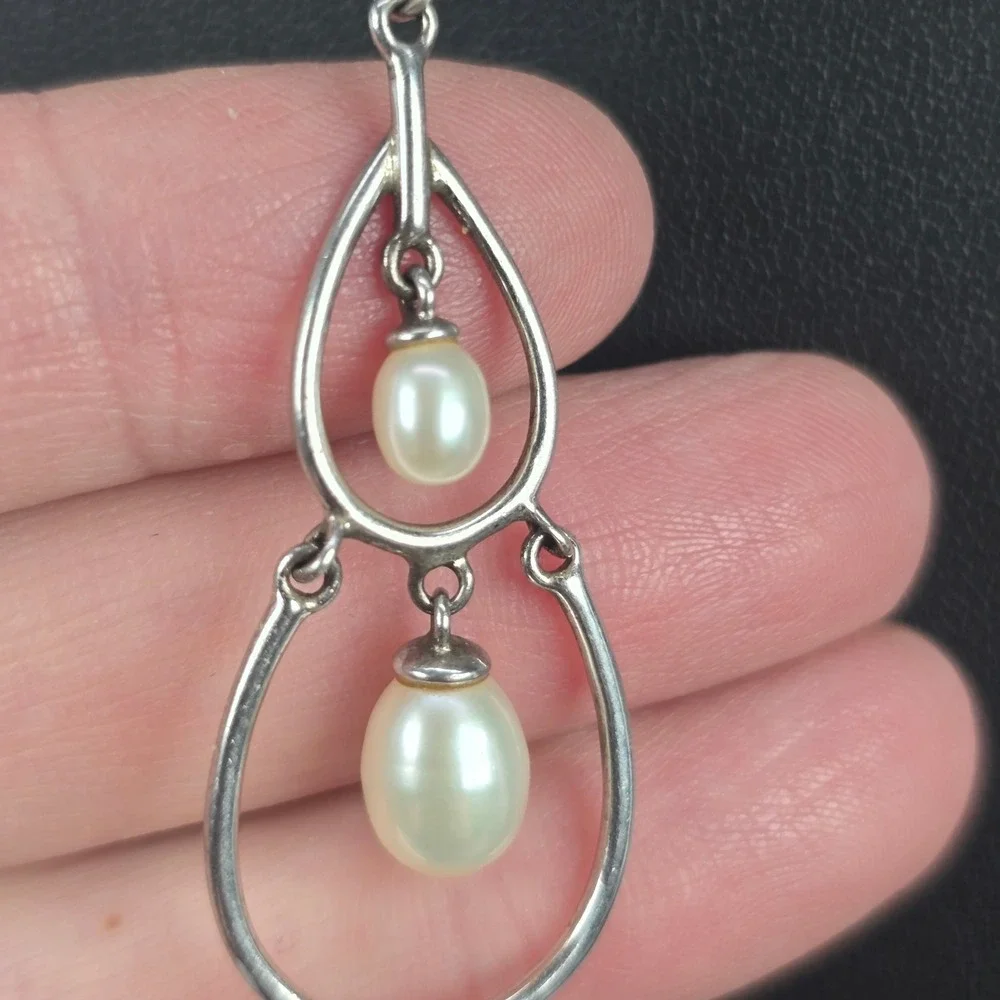 Sterling Silver 925 Double Teardrop Dangle Pearl Pendant Rope Chain Necklace 16